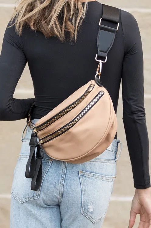 Almond Gia Double Zip Nylon Crescent Sling