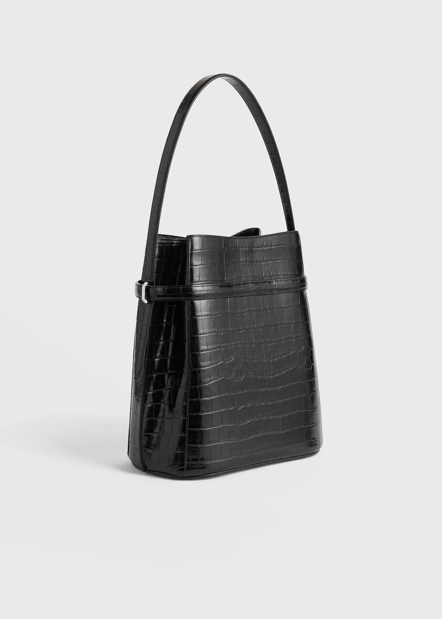 Belted croco-embossed bucket bag black