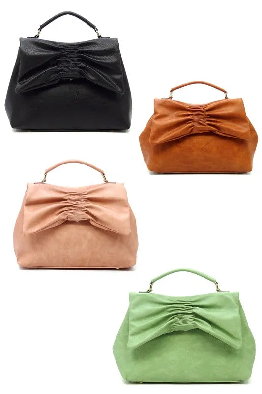 Black Pleated Bow Flap Crossbody Satchel