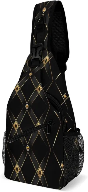Golden Abstract Black Geometry Fashion Chest Bag for Men Small Sling Bag Backpack Crossbody Travel Hiking Daypack
