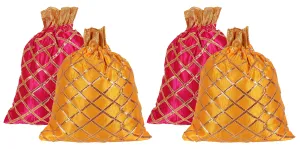 Kuber Industries Drawstring Potli Bag Party Wedding Favor Gift Jewelry Bags-Pack of 4 (Pink & Yellow)