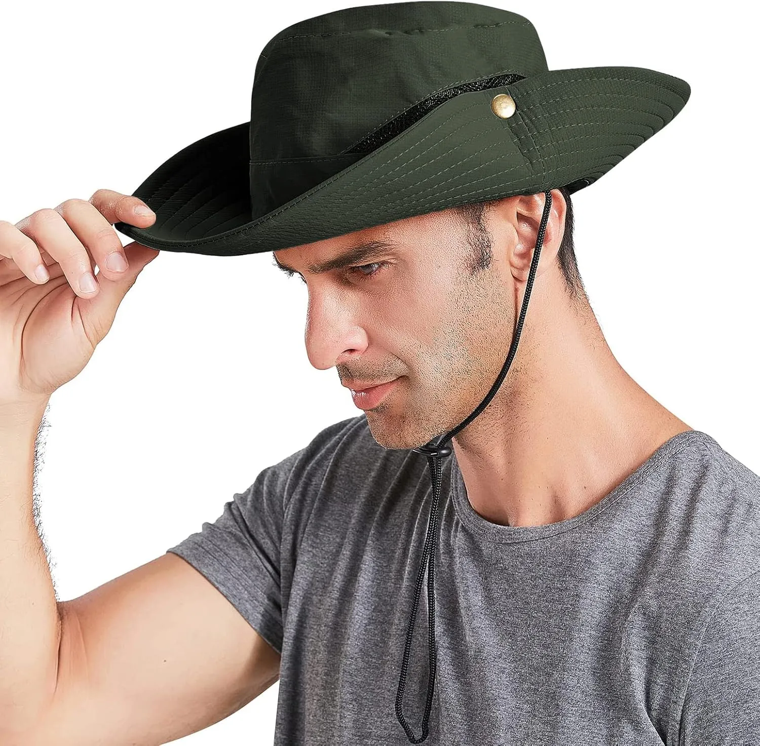 Men's Sun Hat Outdoor UPF50  Mesh Wide Brim Bucket Safari Cap Foldable Waterproof Boonie Fishing Hats