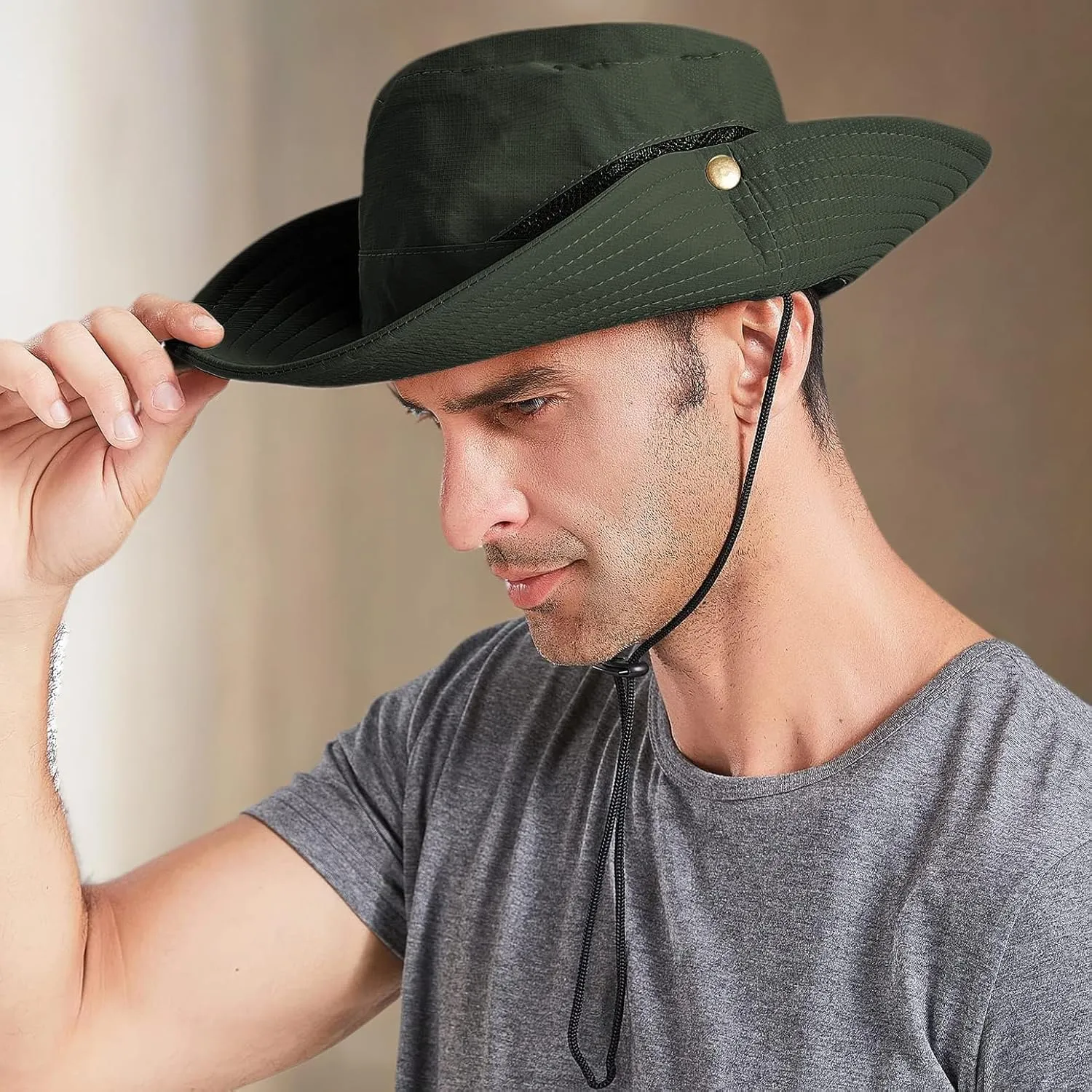 Men's Sun Hat Outdoor UPF50  Mesh Wide Brim Bucket Safari Cap Foldable Waterproof Boonie Fishing Hats