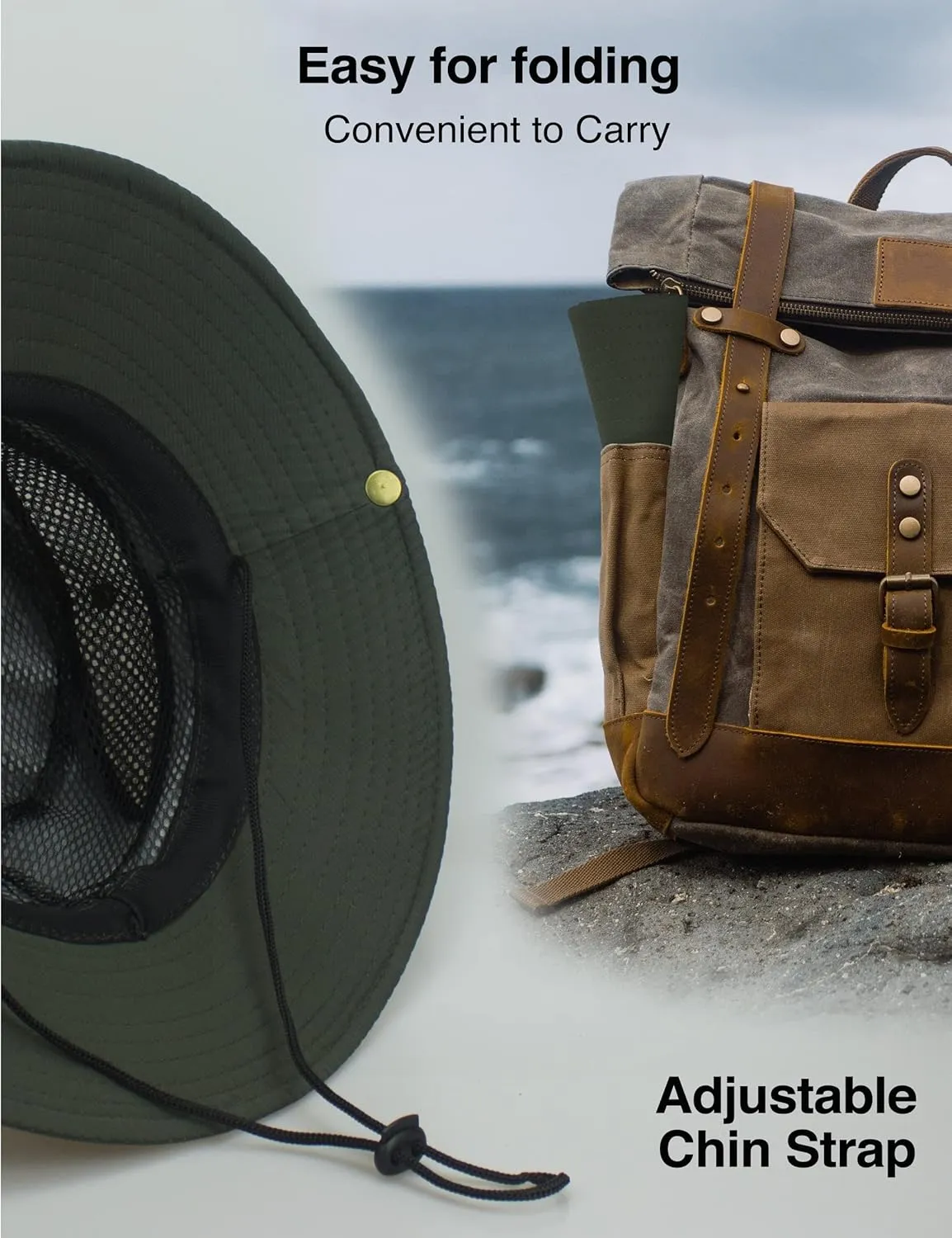 Men's Sun Hat Outdoor UPF50  Mesh Wide Brim Bucket Safari Cap Foldable Waterproof Boonie Fishing Hats