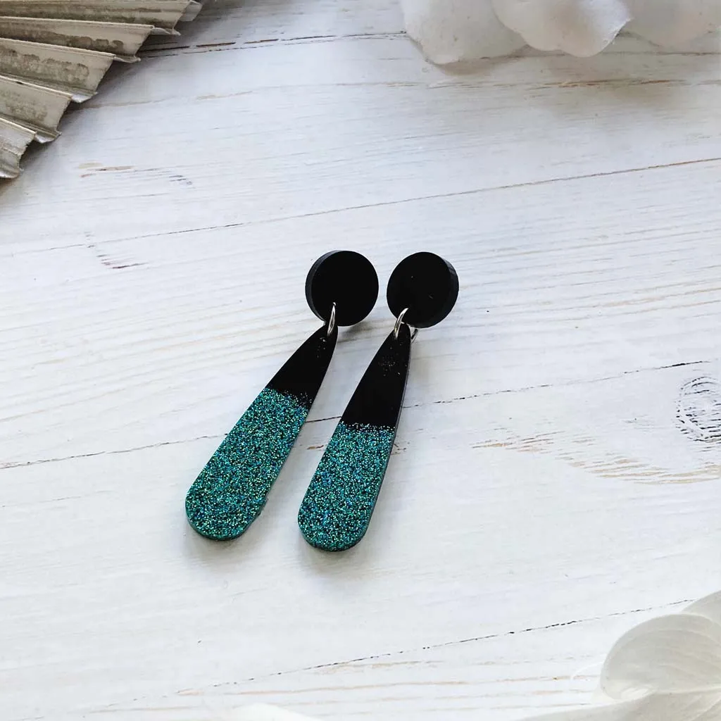 Shiny Green Glitter with Black Teardrop Earrings