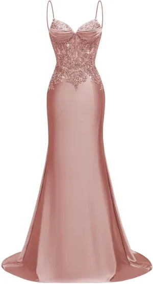 Silk Beaded Prom Dresses Long for Women Mermaid Formal Dresses Spaghetti Straps Evening Party Gowns