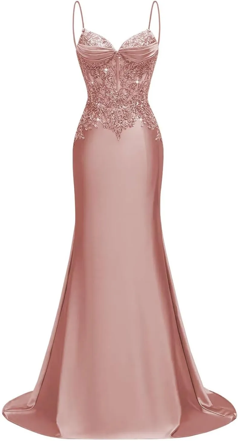 Silk Beaded Prom Dresses Long for Women Mermaid Formal Dresses Spaghetti Straps Evening Party Gowns